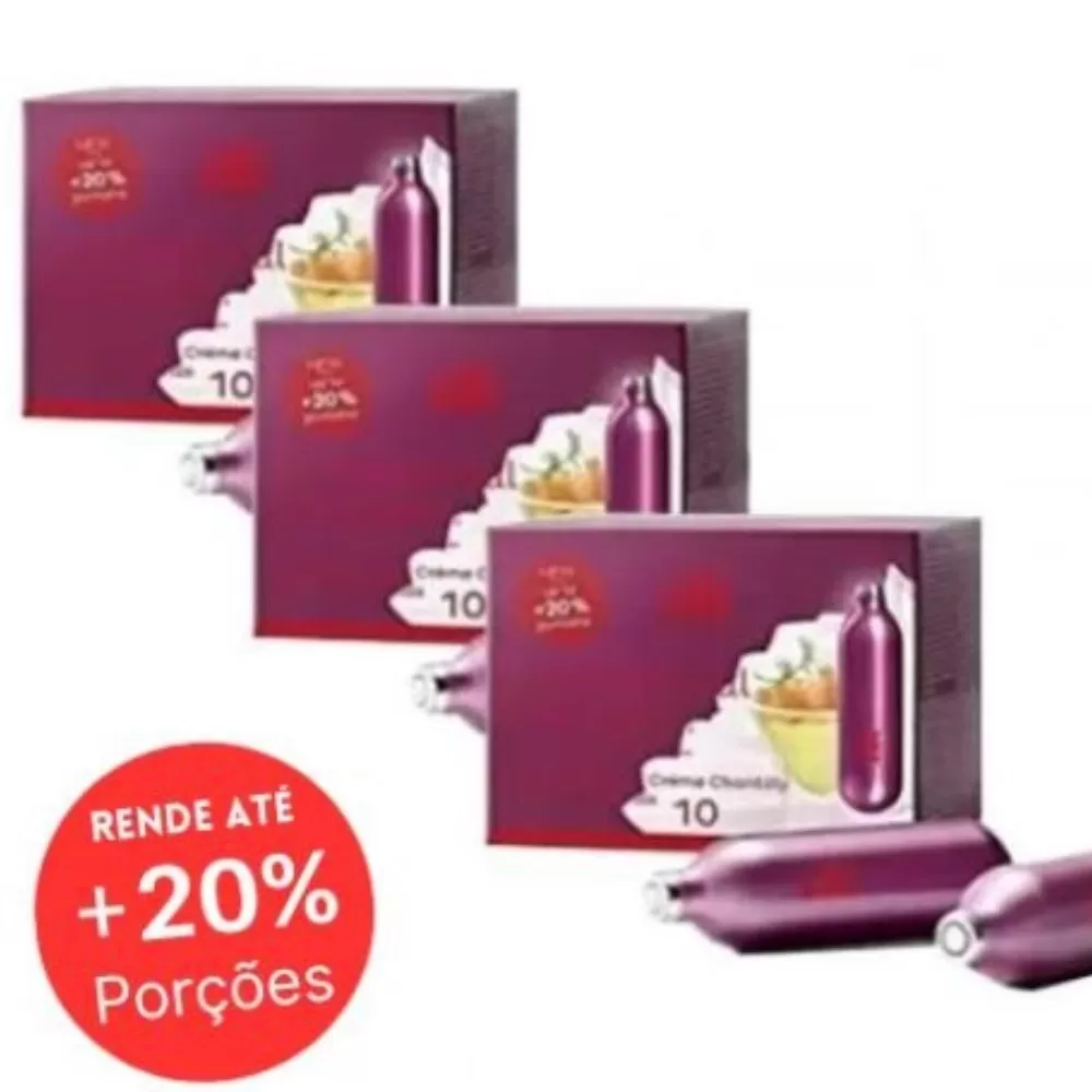 360 Cápsulas Gás N2O 100% PURO, para Chantilly culinária gourmet iSi 8.4g, até 20% a mais de rendimento. Compatível com todas as Garrafas Gourmet do mercado. Combo 36 caixas (360 cápsulas) Garrafas Gourmet do mercado.