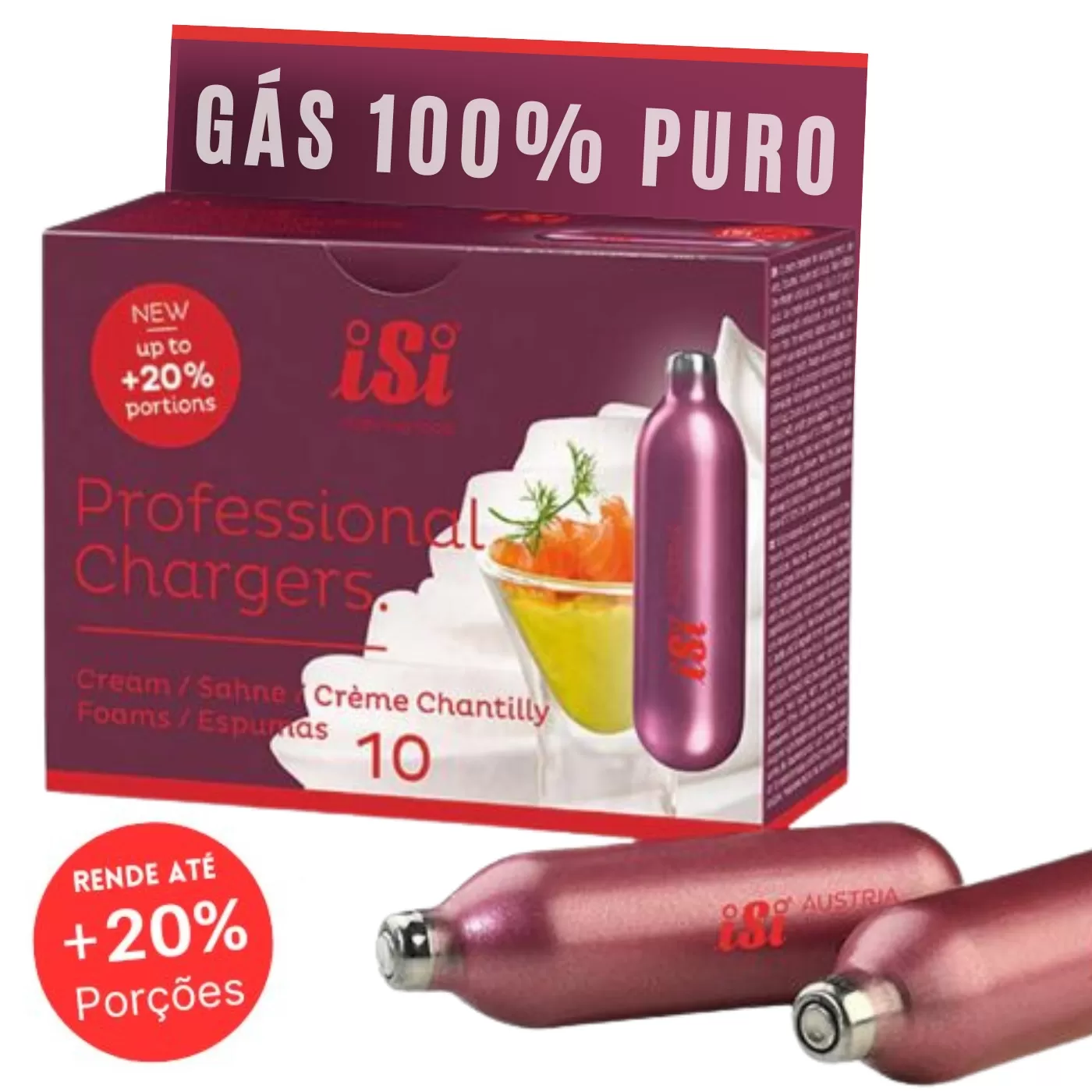 Cápsulas Gás Culinário N2O 100% PURO p/ Chantilly, iSi 8,4g - 1 Caixa (10 cápsulas), até 20% a mais de rendimento. Compatível com todas as Garrafas Gourmet do mercado.