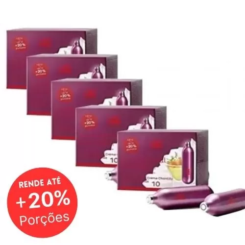 50 Cápsulas Gás N2O 100% PURO, para Chantilly culinária gourmet iSi 8.4g, até 20% a mais de rendimento. Compatível com todas as Garrafas Gourmet do mercado. Combo 5 caixas (50 cápsulas).