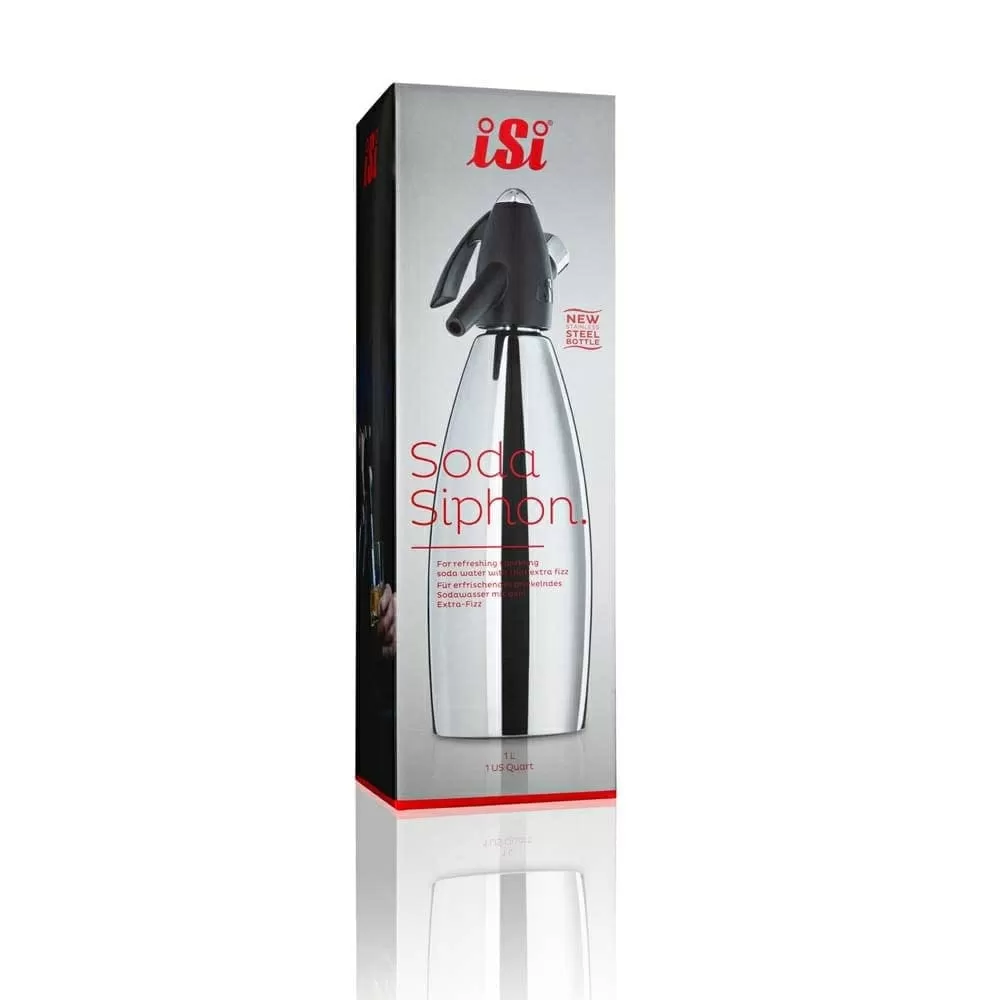 Garrafa Sifão Inox 1L Soda Siphon para Drinks Gaseificados, Profissional iSi, 5 anos de garantia. Prepare long drinks, coquetéis espumantes e água gaseificada com efeito frisante extra. Cabeçote em PE.