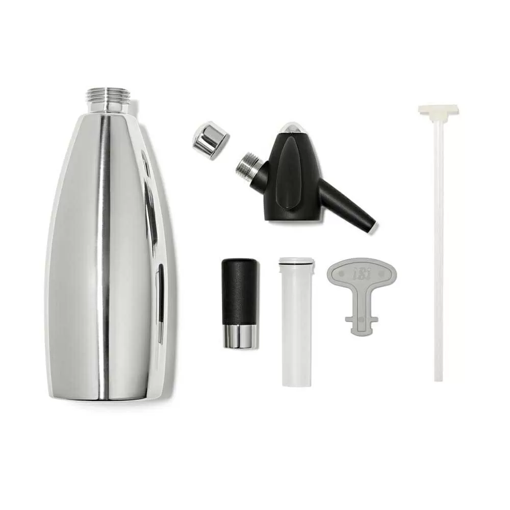 Garrafa Sifão Inox 1L Soda Siphon para Drinks Gaseificados, Profissional iSi, 5 anos de garantia. Prepare long drinks, coquetéis espumantes e água gaseificada com efeito frisante extra. Cabeçote em PE.