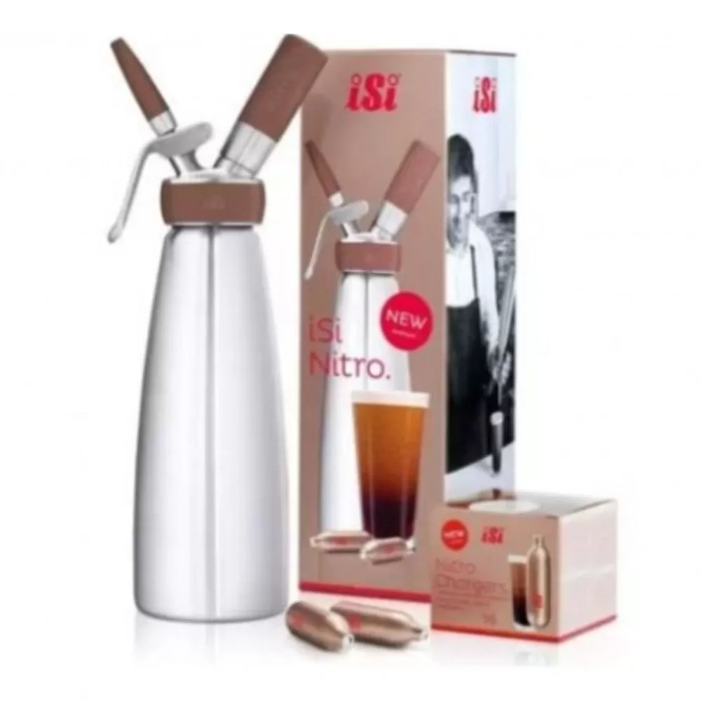 Garrafa para drinks iSi 1L Nitro Inox . Faça o famoso Cold Brew juntamente com a cápsula de gás Nitrogênio iSi, proporciona drinks alcoólicos ou não alcoólicos com uma textura incrivelmente cremosos e aveludados
