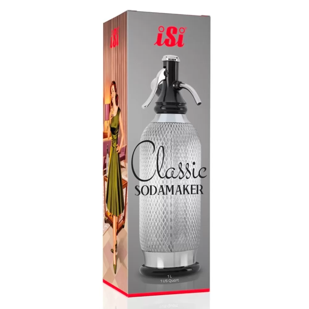 Garrafa Sifão Classic 1L Sodamaker para Drinks Gaseificados, Profissional iSi , clássico e atemporal, 2 anos de garantia. Desfrute hoje de água com gás ou long drink de uma maneira única. Cabeçote em PE.